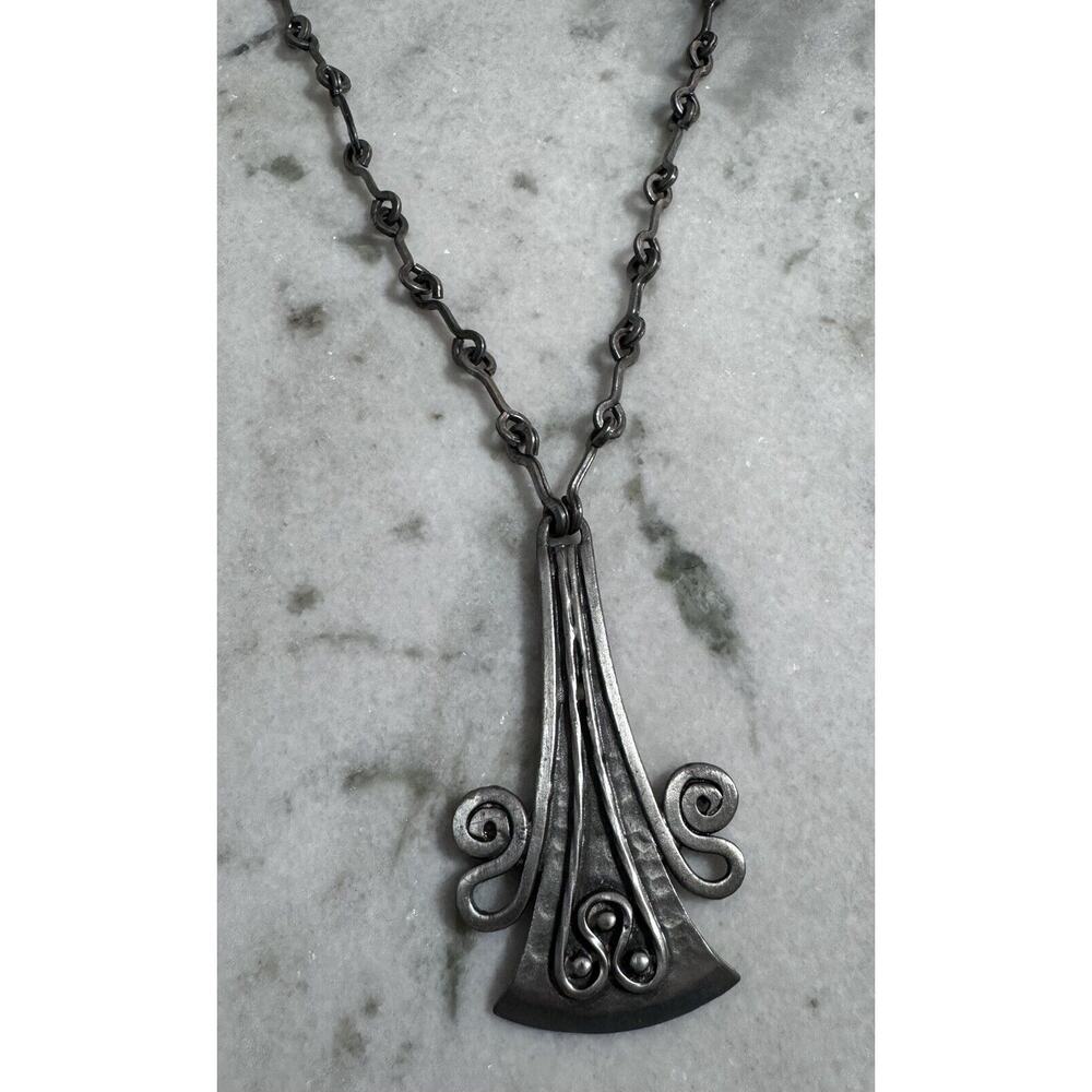 Vintage MCM Denmark Lysgard Pewter Long Brutalist Pendant Necklace 21in - Picture 6 of 9